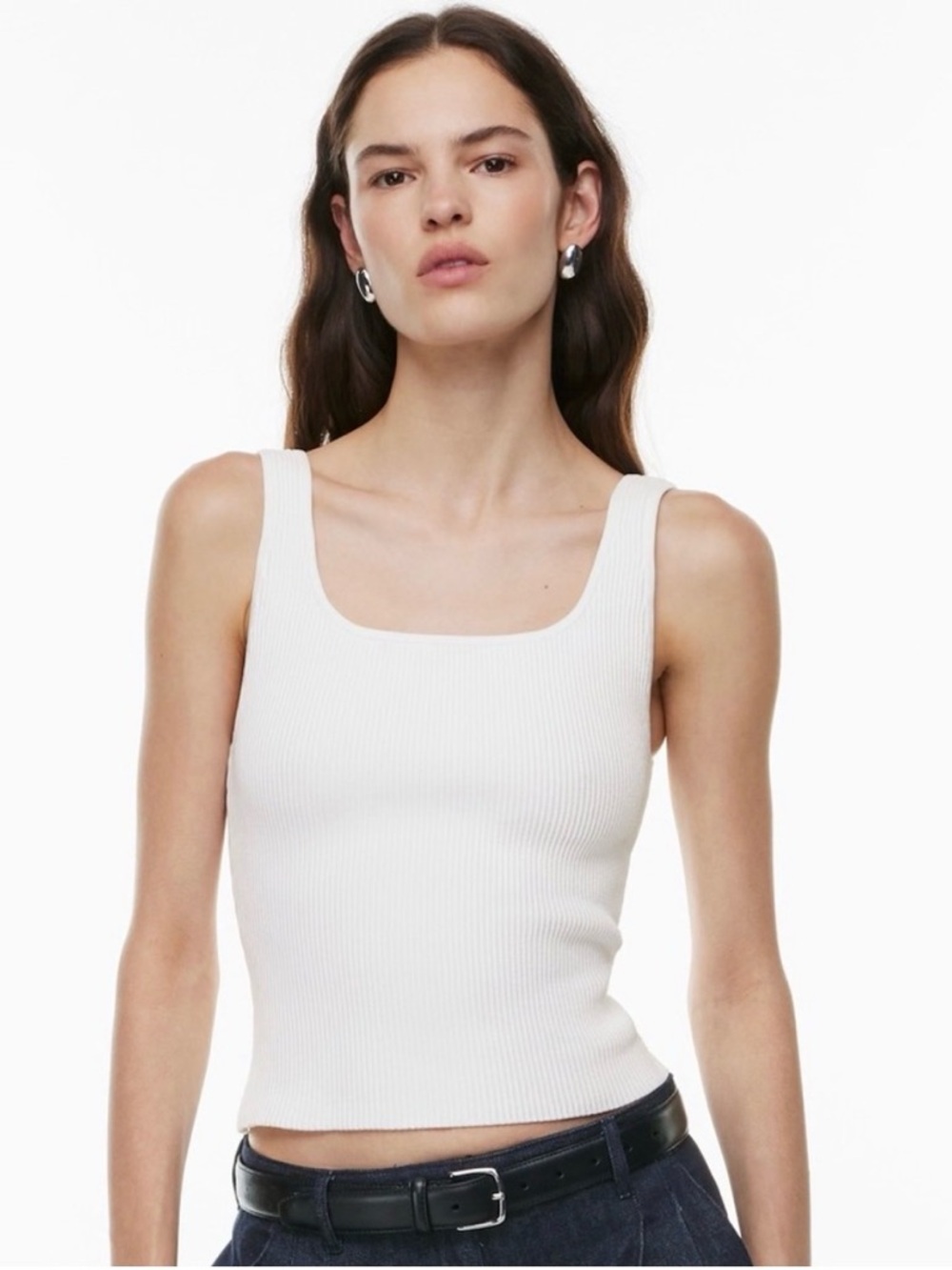 Babaton White Ribbed Square-Neck Tank Top